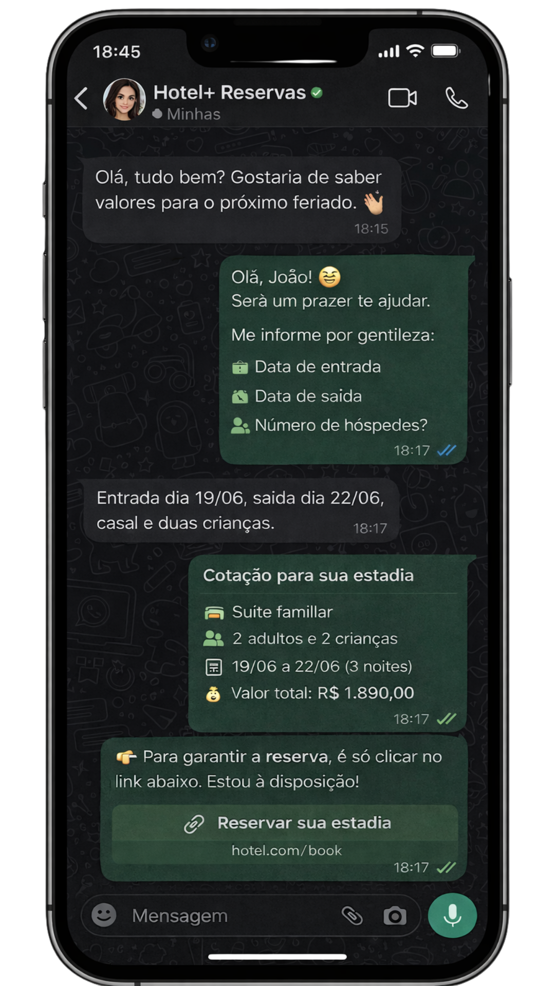 Hotel+ Reservas WhatsApp Interface